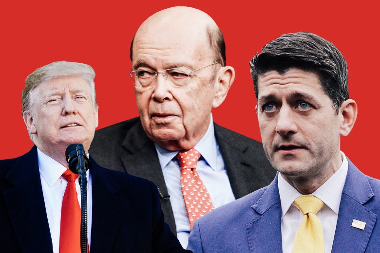 President Donald Trump, Commerce Secretary Wilbur Ross, and former House Speaker Paul Ryan.